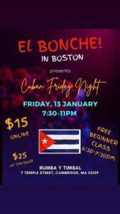El Bonche Boston poster with Cuban flag and event information.