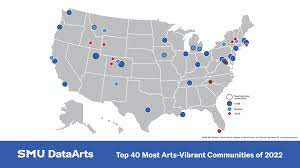 Political Map of USA with blue, red and white spots to reflect regions with most arts-vibrant communities according to SMU DataArts.