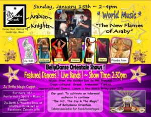 Busy poster in yellow and pink for 2023 World Music Arabian Knights show with raqs/belly dancers shown in small card-like rectangles