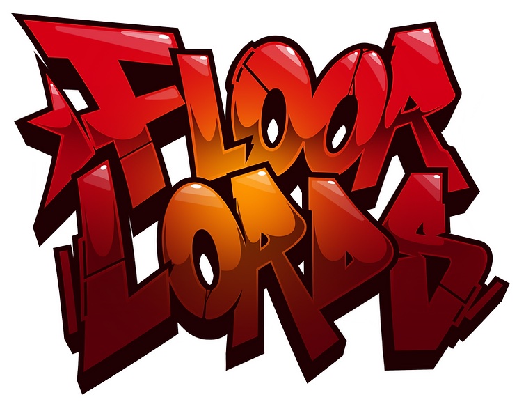 Floor Lords written in a grafitti-like red and orange font traced with black.