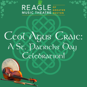 Green celtic symbol used as a background for event title and photo of instruments.