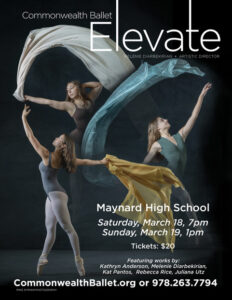 Elevate poster with three ballerinas dancing with colorful fabrics.