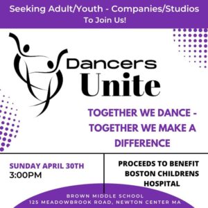 Dancers unite poster with white background and black and purple font. Some details framing the main information are in purple and two dancers are abstractly illustrated with curvy lines and circles.