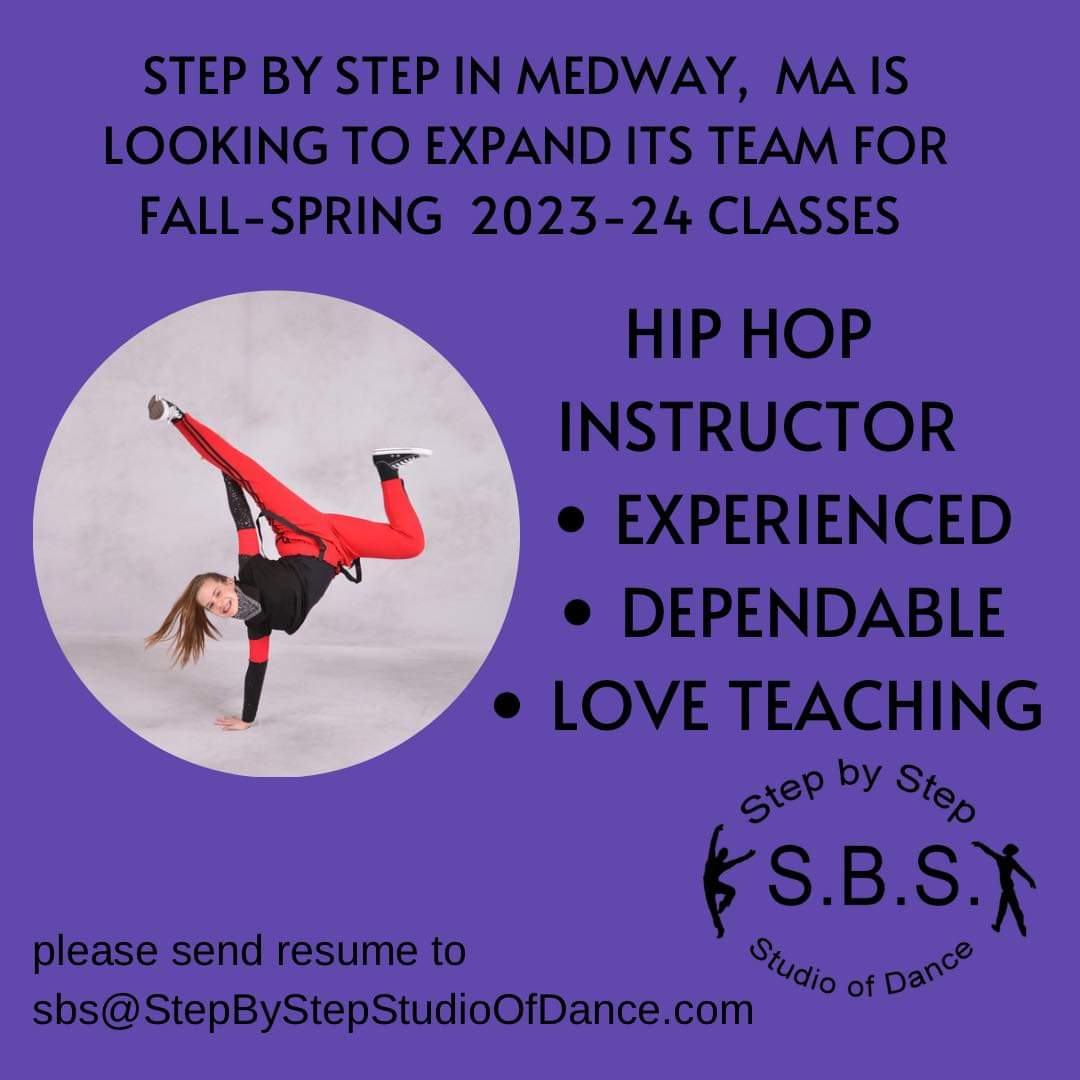 Purple call for Hip Hop instructor with photo of dancer on one hand and holding one leg straight as the other bends in an inversion.