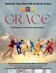 Grace poster with ice skaters in colorful costumes in different poses seem to glide over the sky image used as a background.