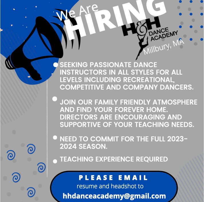 HH Dance academy hiring notice over a grey background with blue details.