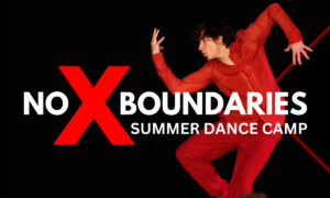 "NoXBoundaries summer dane camp" written over a photo of a dancer in all red bending arms and legs in a geometrical shape.