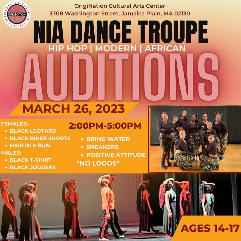 OrigiNation Audition poster with audition information and two photos of their troupe.