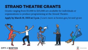 Strand Theatre Grants poster with blue background and five different performing artists illustrations.
