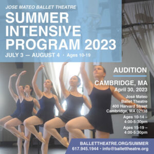 Jose Mateo Ballet Theatre Summer Intensive audition poster with 5 dancers in black leotards and light pink tights holding a passé on pointe at the barre.