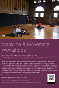 Medicine and Movement poster with workshops' information and photo of dancers in a large open wooden floor space working in small groups.