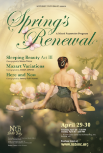 Spring's Renewal poster with event information displayed over illustrated photo of ballerina sitting on the floor, facing back, with one leg bent and one leg extend back.