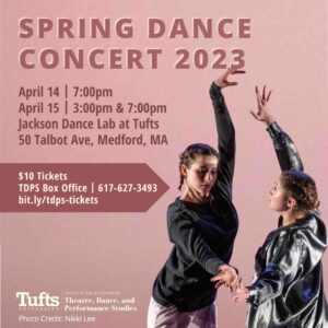 Spring Dance Concert with event information on the left and photo of two dancers with braided hair looking at each other with on arm up and on arm out by their sides.