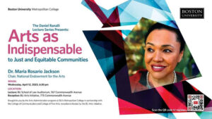 "Arts as Indispensable" poster with event information over a white background and Dr. Maria Rosario Jackson's headshot.