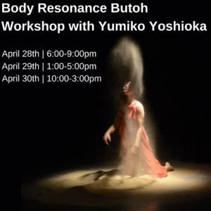 Body Resonance Butoh Workshop poster with title and dates over a photo of a dancer with long dark hair in a red costume whipping hair up and back lifting sand off the floor.