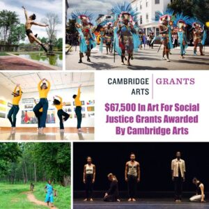 Collage of five dance performances photos and the Cambridge Arts Grants information in the middle to the right.