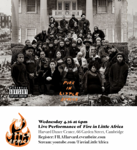 Fire in little Africa poster with black and white photo of large group of people in front of a building.