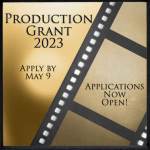Production Grant 2023 poster with golden background and a strip of film on the lower right diagonal