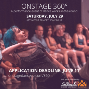 Onstage 360 poster with preious performance photo with audience blurred in the background and performer with hand in front of chest while hinging back.