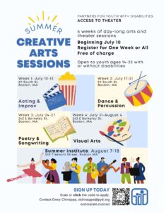 Summer Creative Arts Sessions poster with graphic design illustrations of activities that will be performed each day.