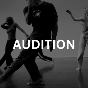 "Audition" written in white over a black and white photo of dancers in a studio bending one arm in front of face and extending one leg across the body on a low diagonal.