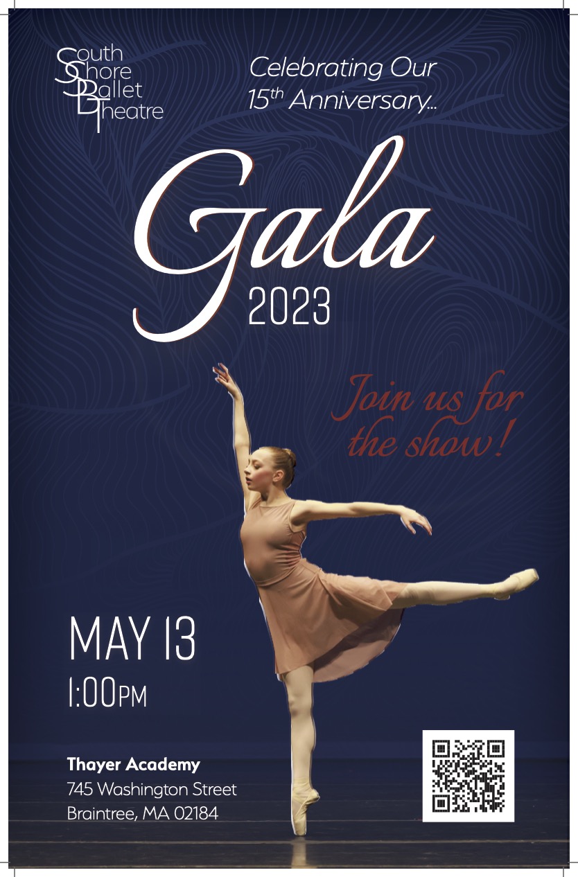 Gala poster showing solo dancer in arabesque with information about ticket purchasing.