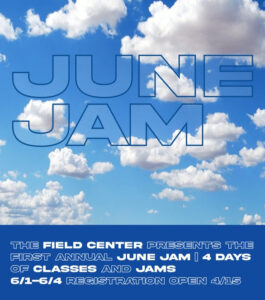 June Jam poster with event information displayed over a dark blue banner at the bottom of a photos of clouds.