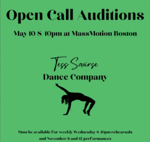 Green poster for audition call with information displayed in black and a silhouette illustration of a dancer in a back bend reaching one arm up.