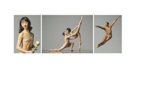 Three photos of Boston Ballet dancers in nude tight undergarments: from left to right a photo of a dancer holding a rose, photo of two dancers partnering (one kneeling holding the other who is lifting leg towards the ceiling), photo of dancers jumping with legs straight on a low diagonal.