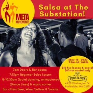 Salsa at The Substation poster with event information displayed in red and yellow banners on the top and bottom of a black and white image of people having fun at a social.