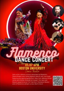 Flamenco dance concert poster with mostly red and some artists' photos.