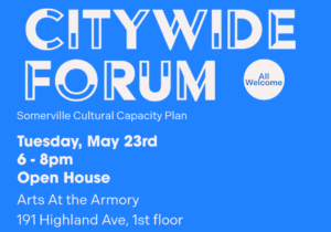 Citywide forum poster with a blue background and information in white.