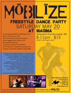Mobilize poster with all event information displayed over a yellow and orange background with photos of artists featured.