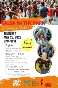 Salsa in the Park poster with photos from previous events with multiple people dancing.