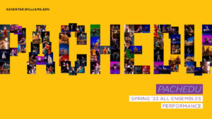 "Pachedu" written in a collage of performance photos over a yellow background.