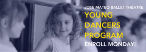 Young Dancers Program poster with photo of children at a ballet barre.
