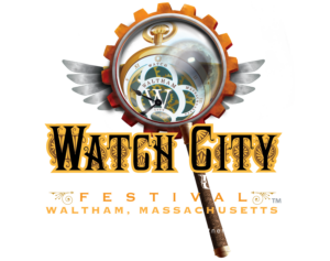 Watch City logo with winged magnifying glass amplifying a pocket watch.