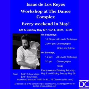 Isaac de los Reyes workshop poster with workshop information and black and white phot of Isaac dancing, twisting upper body while looking down over left shoulder.