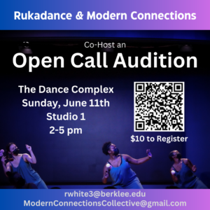 Open Call Audition poster with photo of three dancers in a blue lit space with masks on.