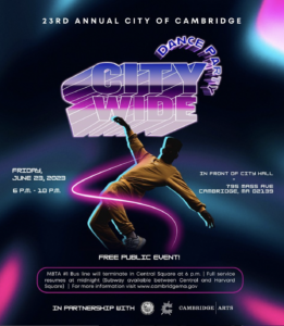 City Wide Dance Party posterwith illustration of a dancer in a hinge and open arms. Event information displayed around the centered illustration.