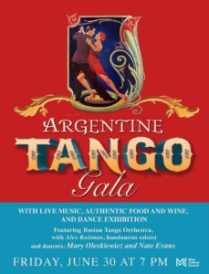 Argentine Tango poster with elegant illustration of a couple dancing tango in the center of an embellished rectangle. Event information displayed below.