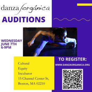 Danza Orgánica auditions poster with photo of dancer twisting upper body in a deep lunge.