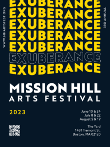Mission Hill Arts Festival Poster with "Exuberance" written on it several times in a column.