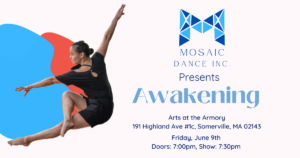 Awakening poster with event information on the right and photo of dancer jumping with one leg crossed over the other extended leg and arms forming an "L" shape.