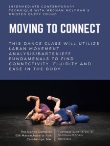 Moving to connect poster with photo of two dancers on the floor reaching one arm back with elbow bent.