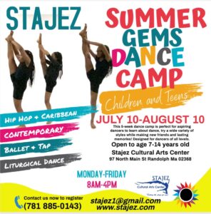 Stajez Summer Program poster with program information displayed all around and a photo of three dancers lifting their right legs up and holding on to their feet.