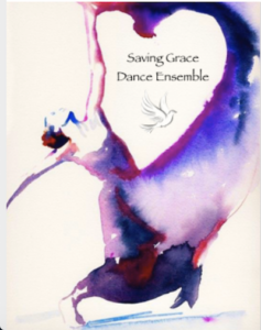 Saving Grace Dance Ensemble logo with watercolored dancer in a lunge, arching back, looking up and reaching one arm up.