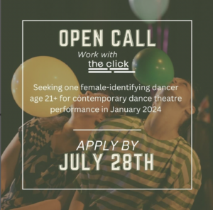 Open Call poster with information displayed over photo of two dancers blowing up balloons.