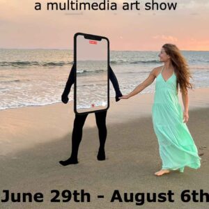 Dancer walks on the beach holding on to personified smartphone.