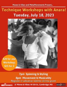 Red poster with large black and white photo of dancer in white top in rotation.